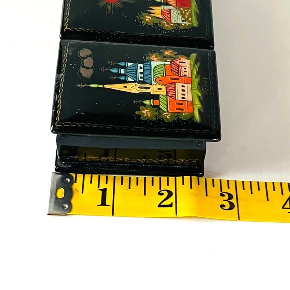 Russian Black Lacquer Box 3 compartments Artist Signed Handpainted 7.25" L - Picture 7 of 11